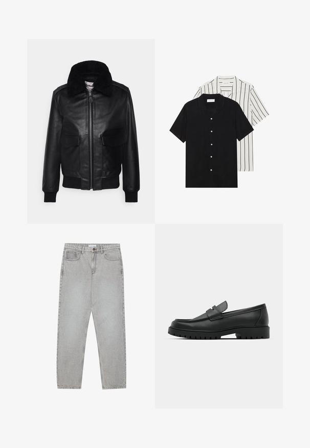 Schott FLY 2-IN-1 - Bomber jakna - black; Dve majice s kratkimi rokavi: ena enobarvna črna, druga bela z črnimi navpičnimi črtami. Obe imata gumbaste zapenke in klasičen ovratnik.; Svetlo sivi traper hlače s ravnim krojem, pet žepov in gumbom za zapiranje. Vidno šivanje ob šivih.; Črne usnjene loafers čevlje z zaobljenim nosom, ki imajo šivano zasnovo, nizko platformo in teksturiran, profiliran gumijast podplat.