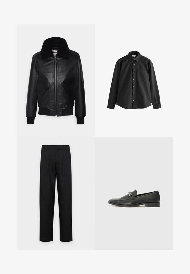 Schott FLY 2-IN-1 - Bomber-jakk - black; Must mustriga nööbiga särk, millel on terav krae, eestasku ja valged nööd. Valmistatud ühtlasest ja siledast kangast.; Mustad mustadest riietest, millel on sirge jalgade disain, kaks eesmist voltimist ja tavaline vöökoht, millel on vöökohad.; Must haveate nahkking punased, millel on sile viimistlus, tikitud muster ja dekoratiivne metallkett vampi üle. Tasane konts.