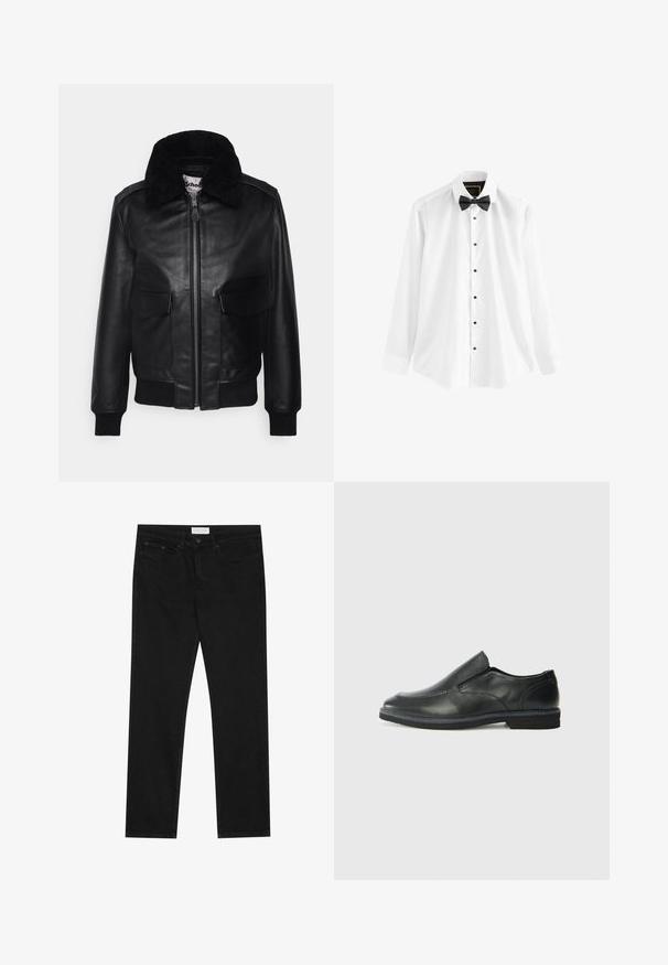 Schott FLY 2-IN-1 - Bomber-jakk - black; Valge puuvillane särk, millel on pikad varrukad, must nööpkrae ja mustad nupud ees.; Mustad mustad jalad, viie taskuga disain, nööbiga ja lukuga kinnine, ning Pier One brändi silt vööl.; Must musta laia suuga king, millel on sile ülemine osa, õmmeldud detailid, ümmargune nina ja madal kummist konts. Tallal on minimaalne mustr.