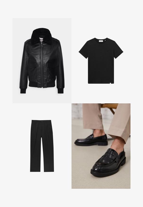 Schott FLY 2-IN-1 - Bomber Jacket - black; Black short-sleeve T-shirt made of cotton, featuring a crew neck and a small logo embroidered on the chest. Smooth texture, standard fit.; Black pants with a straight-leg design, made from a smooth fabric. Features front pleats and a single button closure at the waist.; Black leather loafers with a smooth finish, featuring a decorative strap and contrast stitching, paired with beige trousers.