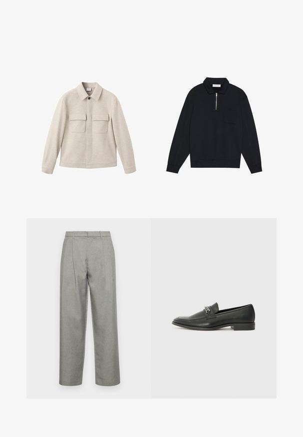 Beżowa kurtka z miękkiego materiału, z kołnierzem punktowym, z przodem na zamek błyskawiczny oraz dwoma kieszeniami na piersi z klapami.; Pier One - Bluza; Szare dopasowane spodnie z teksturowanej tkaniny, o prostym kroju nogawki, z fałdami z przodu oraz standardowym paskiem z szlufkami.; Czarne skórzane mokasyny o gładkim wykończeniu, z haftowanym wzorem i dekoracyjnym akcentem z metalowego łańcucha na wierzchu. Płaska pięta.