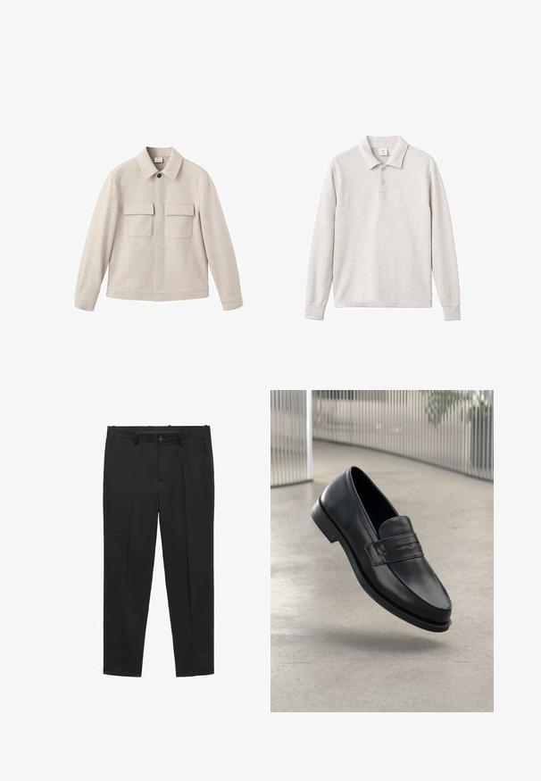 Bež jakna od mekog materijala, s oštrim ovratnikom, prednjim zatvaračem na zip i dva džepa na prsima s preklopima.; Svijetlo siva majica polo s dugim rukavima, s tri gumba, rebrastim ovratnikom i manžetama, izrađena od mekog materijala s glatkom teksturom.; Crne krojene hlače od glatke tkanine, s ravnim prednjim dijelom, petljama za remen i bočnim džepovima. Dizajn ravnog kroja.; Crni kožni loafer glatke teksture, špicastog vrha i ukrasnim remenom preko gornjeg dijela stopala. Lagani potplat, minimalistički dizajn.