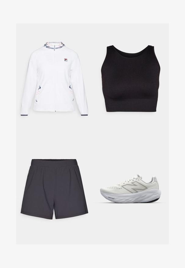 White jacket with full zip, featuring a patterned hood in blue and red. Includes logo on chest and decorative stitching on sides.; Black ribbed crop top with a high neckline and wide armholes, featuring a soft, stretchy fabric for comfort and a seamless design.; Black athletic shorts made of lightweight, stretchy fabric. Features an elastic waistband and a simple, unembellished design.; White athletic shoes with a mesh upper, featuring a padded collar, textured sole, and the "Fresh Foam" branding on the midsole.