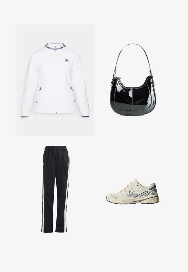 White jacket with full zip, featuring a patterned hood in blue and red. Includes logo on chest and decorative stitching on sides.; White ribbed tank top with a scoop neckline and wide straps. Soft fabric texture and stitched hems. Simple, fitted design.; Black track pants with white side stripes, elastic waistband, and a logo patch. Made from smooth, lightweight fabric. Straight leg design.; Cream-colored athletic shoe with a mesh upper, silver accents, and a textured rubber sole. Designed for comfort and stability.; Black patent leather handbag with a curved design, zip closure, and a single shoulder strap featuring silver-tone hardware and stitching accents.