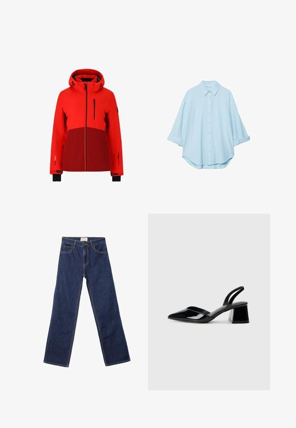 Rote wasserdichte Jacke mit Kapuze, featuring ein dunkleres rotes Panel, schwarze Akzente, Reißverschlusstaschen und verstellbare Bündchen.; Helles blaues Hemd aus einem weichen Stoff, mit klassischem Kragen, durchgehender Knopfleiste und hochgekrempelten Ärmeln für eine lässige Passform.; Dunkelblaue gerade Jeans mit Fronttaschen, Gürtelschlaufen und einem Knopfverschluss.; Schwarze Lackleder-Slingback-High Heels mit spitzem Schuh und einem geometrischen Blockabsatz. Verfügt über ein schlankes, minimalistisches Design und eine glatte Textur.