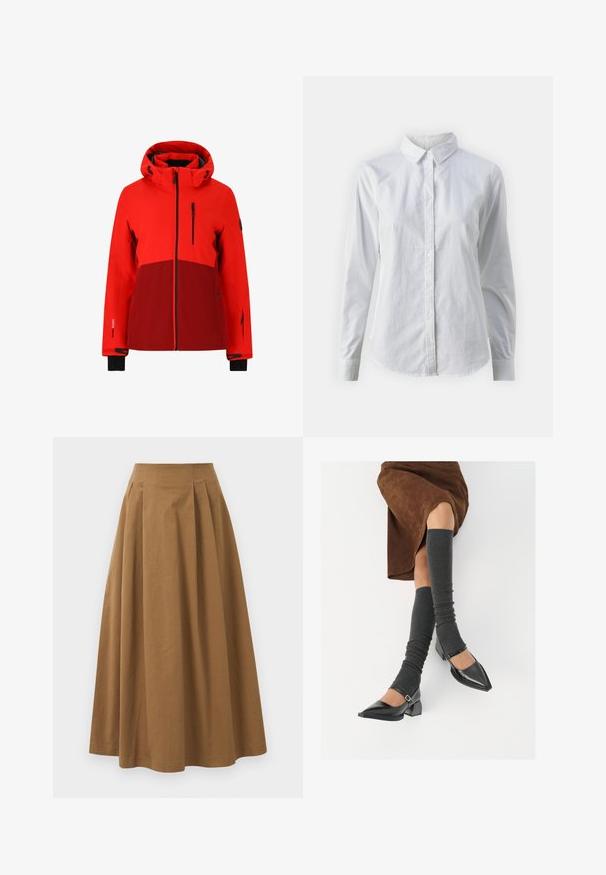 Giacca impermeabile rossa con cappuccio, caratterizzata da un pannello rosso scuro, dettagli neri, tasche con zip e manchette regolabili.; Camicia bianca con bottoni, realizzata in cotone liscio, dotata di un colletto classico, maniche lunghe e orlo curvo. I bottoni sono piccoli e bianchi.; Gonna A-line in cotone marrone con vita alta, caratterizzata da pince sulla parte anteriore e una texture liscia. Le finiture dell'orlo sono pulite e semplici.; Scarpe nere in pelle verniciata con punta affilata, tacco a blocco e cinturino alla caviglia, abbinate a scaldamuscoli grigi a coste e una gonna in suede marrone.