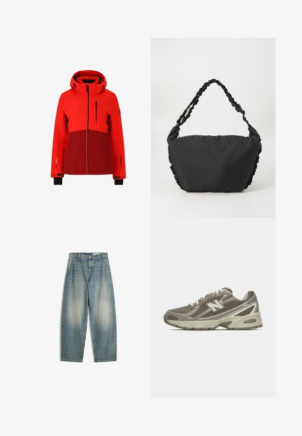 Giacca impermeabile rossa con cappuccio, caratterizzata da un pannello rosso scuro, dettagli neri, tasche con zip e manchette regolabili.; T-shirt a maniche lunghe color crema con testo rosso in grassetto che legge "COPENAGHEN" in un design arcuato. Materiale in cotone morbido. Vestibilità standard.; Jeans larghi blu sbiaditi con tasche frontali, passanti per cintura, chiusura con zip e bottone, distesi su uno sfondo bianco.; Scarpa sportiva in rete grigia e beige con una superficie testurizzata, dotata di una soletta ammortizzata, lacci bianchi e dettagli riflettenti argentati.; Borsa di stoffa nera con un corpo morbido e strutturato e dettagli arruffati lungo i lati. Presenta una tracolla intrecciata per il trasporto.