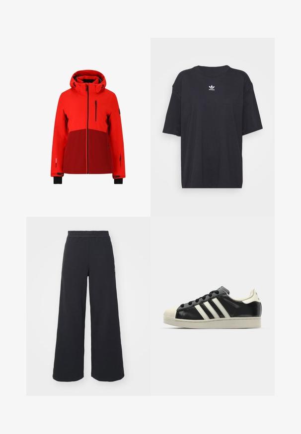 Red waterproof jacket with a hood, featuring a darker red panel, black accents, zippered pockets, and adjustable cuffs.; Black cotton t-shirt with short sleeves, round neckline, features a white Adidas logo on the chest. Simple design, relaxed fit.; Black wide-leg sweatpants made from soft fabric, featuring an elastic waistband and a small logo on the left side.; Black leather sneaker with white stripes, rubber toe cap, black laces, and a cream-colored outsole. Smooth texture with shiny finish.