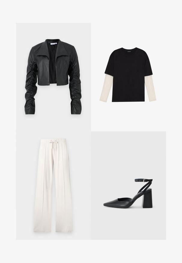 Fekete, rövidített dzseki sima bőrből. Széles gallérral és ráncolt ujjak jellemzik, amely fitted sziluettet és modern megjelenést biztosít.; Fekete pamut póló, rövid ujjal, fehér hosszú ujjú réteg fölött, finom textúrával. Kerek nyakkivágású dizájn.; Világos bézs színű, puha anyagból készült melegítőnadrág, állítható derékkal, széles lábakkal és függőleges varratokkal, sima felülettel.; Fekete bőr, hegyes orrú magassarkú cipő boka pánttal és vastag sarokkal. Sima textúra, elegáns dizájn és minimális esztétika.