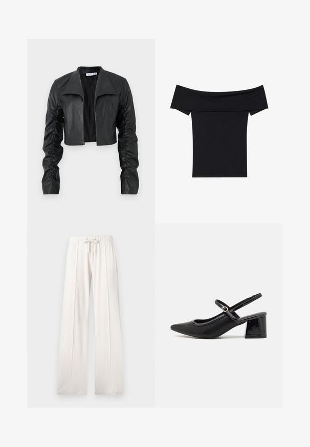 Czarna krótka kurtka z gładkiej skóry. Posiada szeroki kołnierz i marszczone rękawy, co zapewnia dopasowaną sylwetkę i nowoczesny design.; Czarny top bez ramiączek wykonany z miękkiego, elastycznego materiału. Posiada krótkie rękawy i dopasowany fason. Prosty, bezszwowy design.; Jasno beżowe dresy wykonane z miękkiego materiału, z elastycznym paskiem w pasie, szerokimi nogawkami i pionowymi szwami, o gładkiej teksturze.; Czarne lakierowane czółenka na słupku ze spiczastym noskiem, lekko zaokrąglonym wycięciem i obcasem w kształcie bloku. Posiadają złotą klamrę jako akcent dekoracyjny.