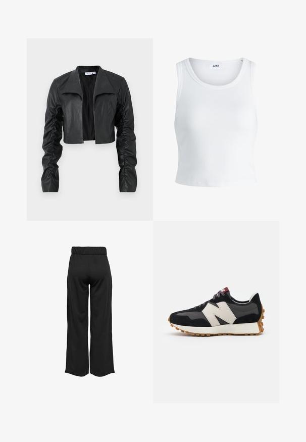 Zwarte cropped jack van glad leer. Heeft een brede kraag en geroezemde mouwen, wat een getailleerde silhoët en modern ontwerp biedt.; Witte geribbelde tanktop met een ronde hals, zonder mouwen en een cropped lengte. Label draagt "JJXX." Gladde stoftextuur.; Zwarte, wijde broek met een elastische tailleband, gemaakt van gladde stof. Heeft een strakke uitstraling zonder zakken of zichtbare stikseldetails.; Zwarte en grijze suède sneaker met een groot crèmekleurig "N"-logo, paarse veters en een gestructureerde rubberen zool van gum.