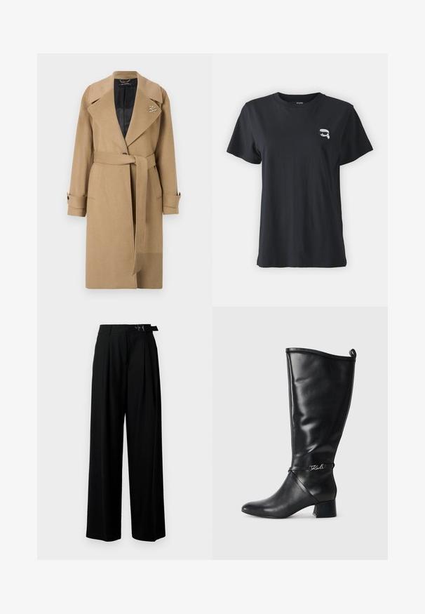 Brūns vilnas maisījuma mantiņa ar izgriezto apkakli, jostotu vidukli un pogātām aprocēm. Iekšpusē ir kviltēta melna oderes daļa un logotipa elements.; Melna kokvilnas T-kreklu ar īsām piedurknēm un apaļu kakla izgriezumu. Uz krūšu daļas ir neliela balta grafika. Gluda tekstūra, ikdienas piegriezums.; Melni plaši bikses ar augsto jostasvītru, priekšā ar krokojiem un jostu ar sprādzi. Izgatavotas no gludas, vieglas auduma.; Melnas ādas ceļgala augstuma zābaki ar izteiktu purngalu, taisnu papēdi un dekoratīvu siksnu ar sudraba logotipu tuvu potītei. Gluda tekstūra.