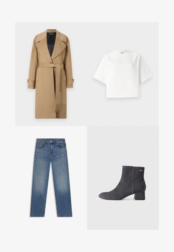 Barna gyapjúblend trench kabát, kivágott gallérral, övvel ellátott derékkal és gombos mandzsettával. Bélelt fekete belső résszel és logó részlettel rendelkezik.; Fehér, túlméretezett póló, rövid raglánujjakkal, puha anyagból készült. Diszkrét logó található a mellkason és kerek nyakkivágás jellemzi.; Világoskék farmernadrág, egyenes szabású, öt zsebbel és enyhe kopással. Jellemzője a standard derékpánt és az eltérő színű varrás.; Sötét farmer anyagú boka csizma, hegyes orral, tömb sarkal, látható varrással és diszkrét márkalogóval az oldalon. Simább textúrával.