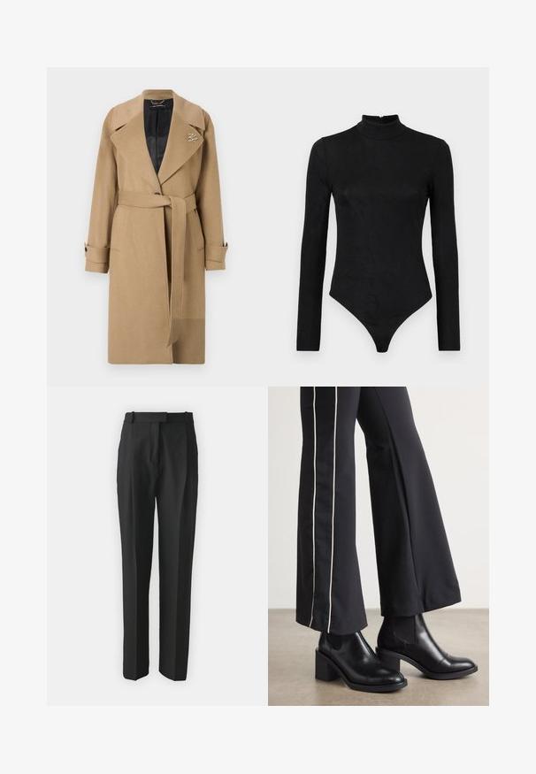 Bledo zložen plašč iz volne s katerim se lahko prilega, ima zarezan ovratnik, pas z naramnicami in gumbaste manšete. V notranjosti je obložen z črnim materialom in vsebuje detajl z logotipom.; Črni bodi z dolgimi rokavi, visokim ovratnikom in subtilno teksturo. Ima zadrgo na hrbtni strani in zasnovo tangic.; Črne krojene hlače iz lahkotnega materiala, z ravnim krojem, gladkim sprednjim delom in zankami za pas. Gladka tekstura brez vidnih vzorcev.; Črne usnjene gležnjarje s blok peto, z elastičnimi stranskimi paneli. Kombinirane s črnimi hlačami, ki imajo bele stranske črte.