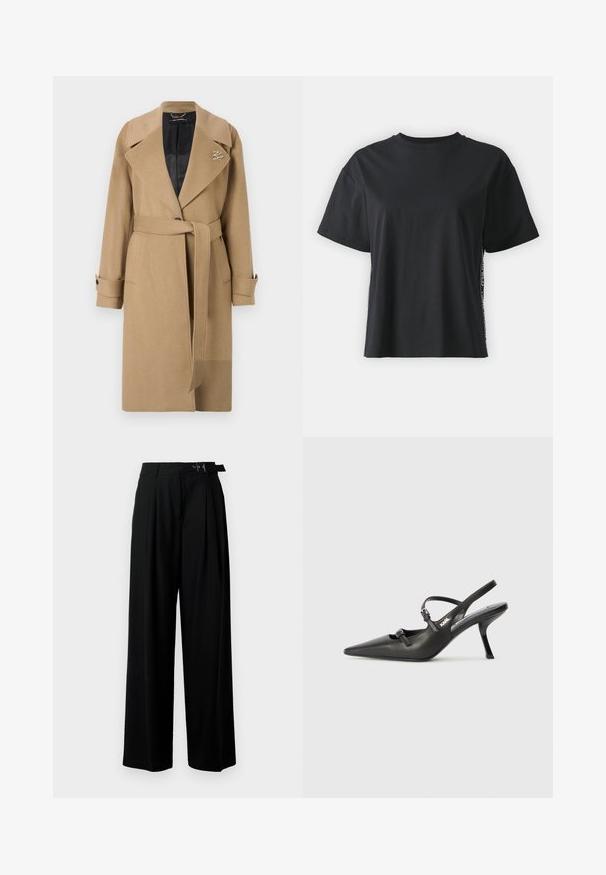 Bledo zložen plašč iz volne s katerim se lahko prilega, ima zarezan ovratnik, pas z naramnicami in gumbaste manšete. V notranjosti je obložen z črnim materialom in vsebuje detajl z logotipom.; Črna bombažna majica s kratkimi rokavi, sproščenega kroja z kontrastnim stranskim panelom, ki vsebuje majhne besedilne in oblikovne podrobnosti.; Črne široke hlače z visokim pasom, gubami spredaj in pasom z zaponko. Narejene so iz gladkega, lahkega materiala.; Črne usnjene sandale na peto s koničastim nosom, vitko peto in okrasno zaponko na sprednjem delu. Gladka tekstura in eleganten dizajn.