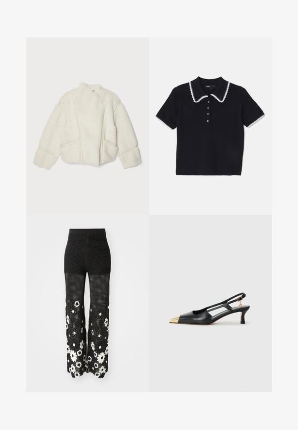 Balta avių odos striukė su aukštu apykakle, asimetriniu užsegimu ir šoninėmis kišenėmis. Yra matomi siūlės ir minkšta tekstūra.; Juodas mezginys polo marškinėliai su balta banguota apykakle ir apvadu, trumpomis rankovėmis ir šešiais mygtukais. Tekstūruota medžiaga.; Maje POCHETTY - Kelnės - noir/blanc; Juodas odinis slingback batelis su smailiu pirštu ir auksine metaline nose. Pasižymi išpjovimo dizainu ir plonu kulnu su reguliuojamu dirželiu.