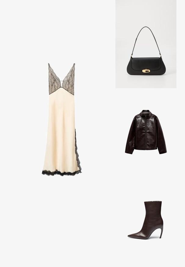 Brun faux læderjakke med høj krave, fuld lynlås lukning og en glat, blank overflade. Har en afslappet pasform og lange ærmer.; Satin natkjole i creme med en sort blonderabat og kant. V-udskæring og justerbare stropper. Gulvlængde med sidelæns blonderdetaljer.; Brun læder ankelstøvle med spids tå, slank silhuet og højt stiletto-hæl. Har en glat overflade og minimalistisk design.; Sort læderhåndtaske med et buet design, guldfarvet hardware og en øverste håndtag. Har en strømlinet lukning og en glat tekstur.