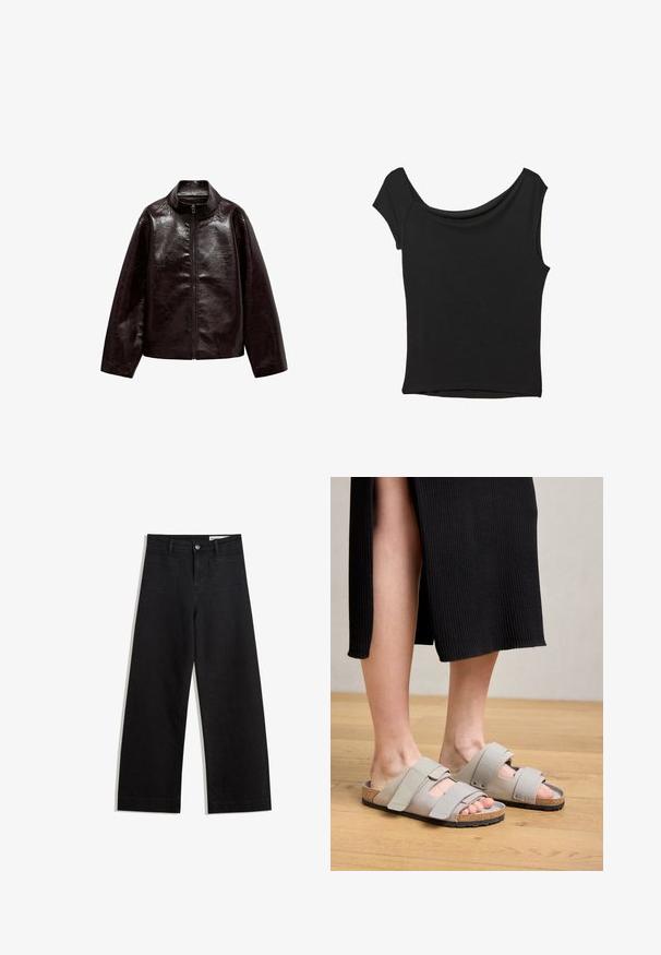 Braune Kunstlederjacke mit hohem Kragen, durchgehendem Reißverschluss und einer glatten, glänzenden Oberfläche. Hat einen lässigen Schnitt und lange Ärmel.; Schwarzes Kurzarmoberteil aus glattem Stoff; hat einen drapierten Ausschnitt und einen asymmetrischen Saum, mit einem figurbetonten Körper.; Schwarze weit geschnittene Jeans mit hoher Taille, ausgestattet mit Vorder- und Hintertaschen, gesteppten Nähten und einem Knopfverschluss. Glatte Textur.; GRAUE SCHIEFSANDALEN MIT ZWEI VERSTELLBAREN RIEGELS UND EINEM KORK-FUSSBETT, HINTER EINEM HOLZBODEN UND EINEM GERIPPTEN SCHWARZEN ROCK.