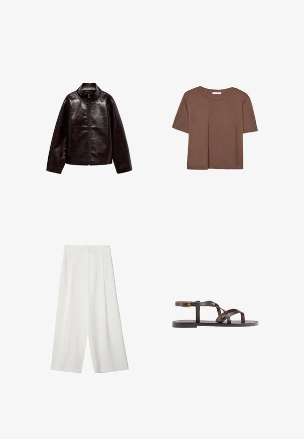 Smeđa jakna od umjetne kože s visokim ovratnikom, punim zatvaračem i glatkom, sjajnom teksturom. Ima slobodan kroj i duge rukave.; Smeđi kratki rukav majica od mekog materijala, s okruglim izrezom i opuštenim krojem. Nema vidljivih uzoraka ili naglasaka.; Bijele široke skraćene hlače od glatkog materijala, s ravnim prednjim dijelom i bez vidljivih kopčanja ili džepova.; Smeđe kožne sandale s iskrižanim trakama, umetkom za zapešće s kopčanjem i ravnim potplatom s minimalnim detaljima šivanja.