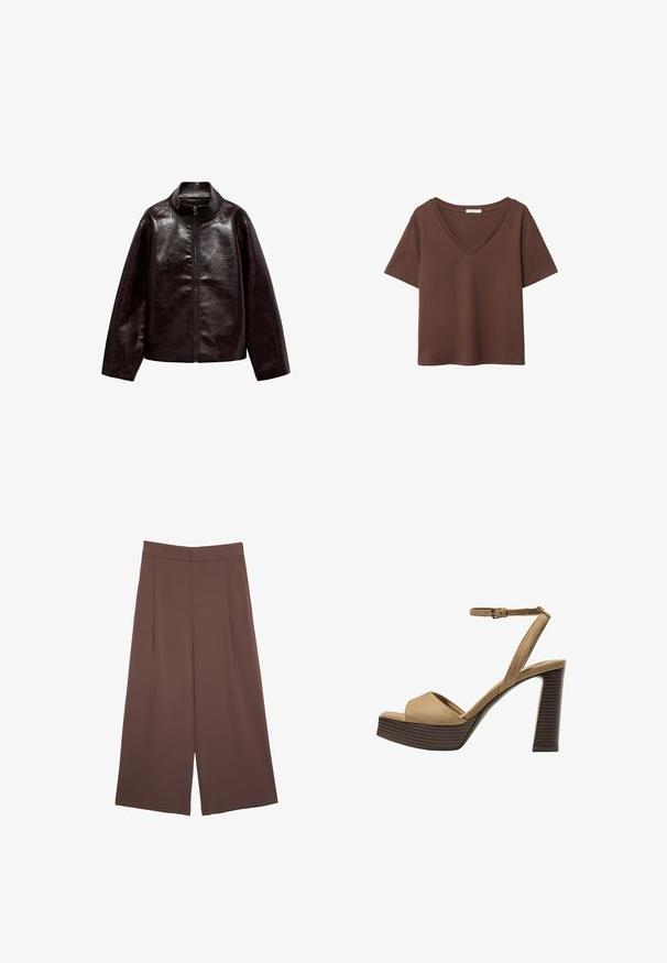 Hnedá umelá kožená bunda s vysokým golierom, plným zipsom a hladkou, lesklou textúrou. Má uvoľnený strih a dlhé rukávy.; Hnedé bavlnené tričko s krátkymi rukávmi a hlbokým V-výstrihom. Jednoduchý dizajn, jemná textúra a rovný lem. Bez vzorov alebo akcentov.; Hnedé nohavice so širokými nohavicami a hladkou textúrou, s vysokým pásom a prednými skladmi. Tkanina je ľahká a voľne sa pohybuje.; Bežové semišové sandále na vysokom opätku s širokým predným pásom a pásikom okolo členka, ktoré majú masívny drevený blokový opätok s textúrovaným povrchom.