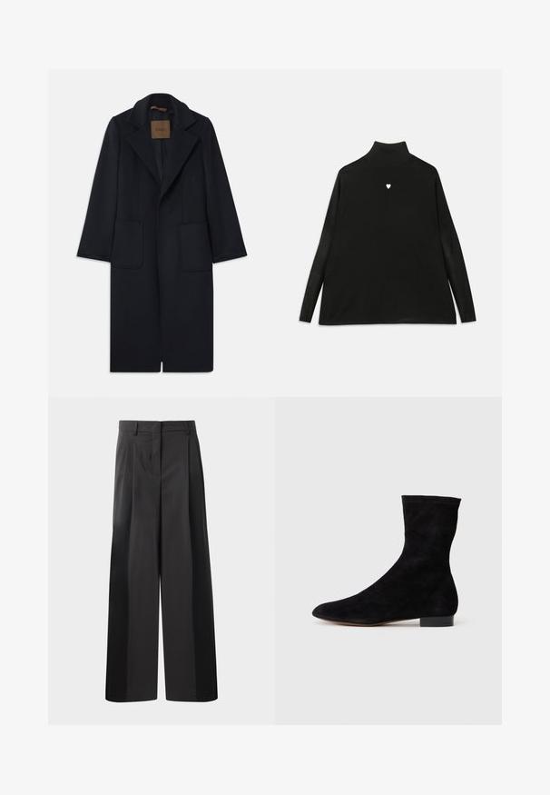 Tengerészkék gyapjú kabát, testre szabott sziluettel, lekerekített hajtókákkal, két elülső zsebbel és egyenes szabással. Sima textúra és minimális részletezés.; Fekete garbó, hosszú ujjakkal, kis fehér szív emblémával a mellkason. Puha anyagú és laza szabású.; Fekete, bő szárú nadrág magas derékkal, elöl plissékkel, sima felülettel és igényes kidolgozással. Kényelmes viseletre tervezve.; Fekete velúr bokacsizma, illeszkedő szárral, hegyes orral és alacsony blokk sarokkal. Simább felület és minimalista dizájn, amely sokoldalú stílushoz megfelelő.