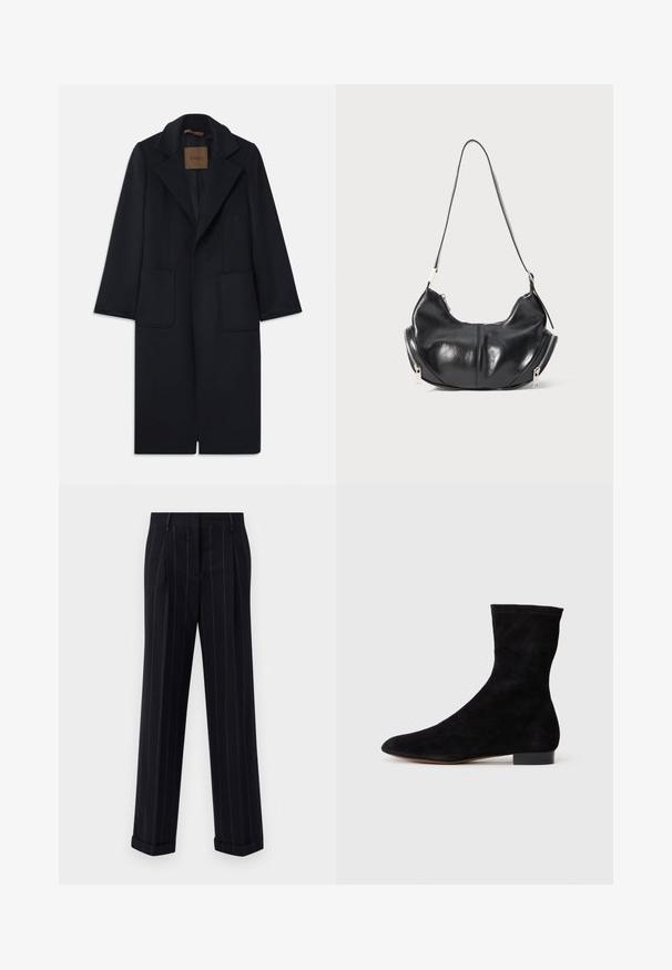 Marinblå ullrock med skräddarsydd silhuett, insvängda slag, två framfickor och rak passform. Slät textur och minimal detaljering.; Mörkblå tröja med rund halsringning, långa raglanärmar, ribbade mudd och rak nederkant. Tillverkad av ett mjukt, texturerat stickat material.; Svarta randiga byxor med skräddarsydd passform, med uppvikta fållar och frontveck. Tillverkade av ett mjukt tyg med en strukturerad design.; Svart mocka ankelboots med en åtsittande skaft, spetsig tå och låg blockklack. Slät yta och minimalistisk design, lämplig för mångsidig styling.; Svart läder axelväska i halvmåneform med silverfärgade dragkedjor på båda sidor och ett enda band.