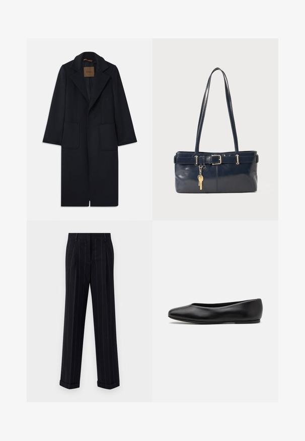Cappotto di lana navy con silhouette su misura, revers a punta, due tasche frontali e taglio dritto. Texture liscia e dettagli minimi.; Maglione blu scuro con scollatura rotonda, maniche lunghe a raglan, polsini a coste e orlo dritto. Realizzato in un morbido materiale a maglia testurizzato.; Pantaloni neri a righe sottili con una vestibilità su misura, dotati di orlo con risvolto e pieghe frontali. Realizzati in un tessuto liscio con un design strutturato.; Paul Smith TOPANGA - Ballerine - black; Borsa a mano in pelle blu con due manici lunghi, un dettaglio con fibbia e un portachiavi attaccato. Presenta una texture liscia e una forma rettangolare.