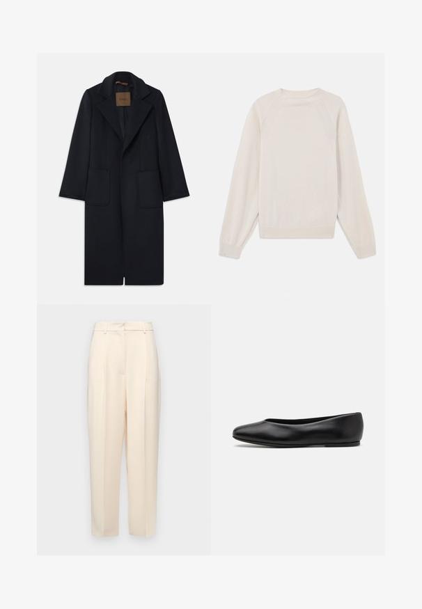 Jūrinis vilnos paltas su pritaikyta siluetu, notch tipo apykaklėmis, dviem priekinėmis kišenėmis ir tiesia forma. Lygi tekstūra ir minimalus dekoras.; Šviesiai kremine megztinis, pagamintas iš minkštos, megztos medžiagos. Turi apvalų kaklą, ilgomis rankovėmis, su guma apdirbtomis rankovėmis ir apačia bei raglano tipo rankovėmis.; Bežinės pritaikytos kelnės su tiesiu kirpimu, su raukšlėmis priekyje, lygia tekstūra ir vidutinio aukščio juosmens. Nematomos kišenės.; Paul Smith TOPANGA - Balerinos stiliaus laivutės - black