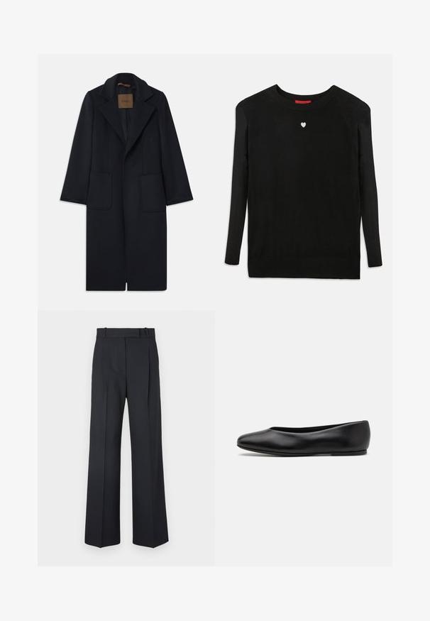 Cappotto di lana navy con silhouette su misura, revers a punta, due tasche frontali e taglio dritto. Texture liscia e dettagli minimi.; Maglione nero lavorato a maglia con maniche lunghe, scollo a girocollo e un piccolo cuore bianco sul petto. Tessuto morbido con polsini e orlo a coste.; Pantaloni a righe blu scuro con vita alta, design a gamba larga e senza hardware o decorazioni visibili. Tessuto liscio e vestibilità sartoriale.; Paul Smith TOPANGA - Ballerine - black