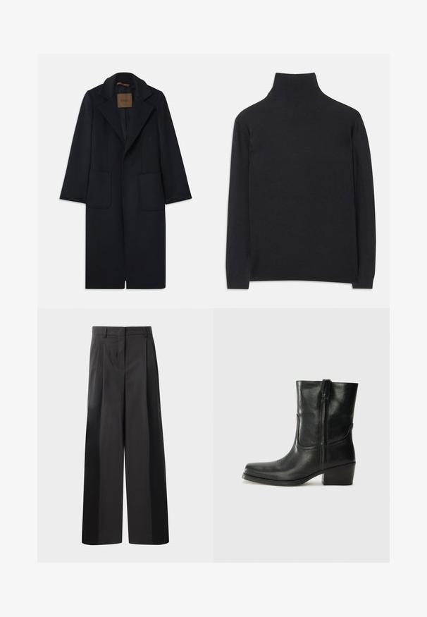 Marineblauer Wollmantel mit taillierter Silhouette, schmalen Revers, zwei vorderen Taschen und geradem Schnitt. Glatte Textur und minimale Details.; Schwarzer Rollkragenpullover aus weichem Material. Mit langen Ärmeln, einem hohen Kragen und gerippten Bündchen und Saum für einen figurbetonten Look.; Schwarze, weit geschnittene Hose mit hoher Taille, versehen mit Frontfalten, einer glatten Textur und einem maßgeschneiderten Finish. Entworfen für eine lockere Passform.; Schwarze Leder-Ankle Boots mit runder Zehenform, Blockabsatz, seitlichem Reißverschluss und gestickten Akzenten auf dem Blatt. Glatte Textur, klassisches Design.