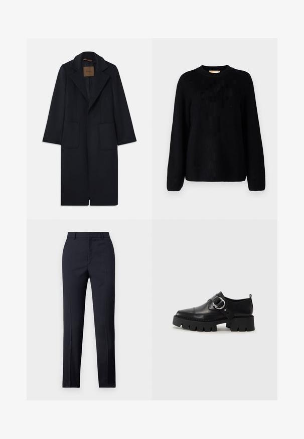 Palton de lână bleumarin cu o siluetă adaptată, rever cu decupaj, două buzunare frontale și croială dreaptă. Textură netedă și detalii minime.; Pulover negru din tricot cu model ribat, cu mâneci lungi și decolteu rotund. Material texturat și croială lejeră. Fără modele sau accente.; Pantaloni tailor-made de culoare bleumarin cu o croială dreaptă, având o textură netedă, două buzunare frontale și o talie curată.; Pantofi din piele neagră cu o talpă groasă, nervurată, având un accent circular din metalargintiu și un detaliu minim de cusătură.