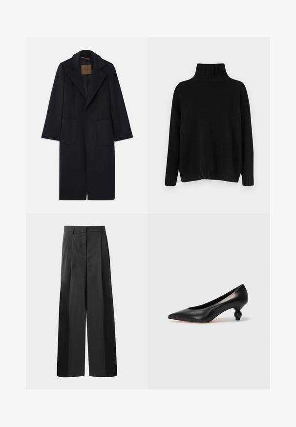 Tumes sinine villane mantel, millel on kohandatud siluett, lõigatud kraed, kaks esipocketit ja sirge lõige. Sile tekstuur ja minimaalne detailitus.; Mustast riidest kudumiga kampsun, millel on kõrge soonikuga krae, allapoole langetatud õlad ja lõdvestunud lõige. Omadusena soonikuga mansetid ja alumine ääreosa, mis lisavad tekstuuri.; Mustad laiad püksid kõrge vöökohaga, millel on ees voldid, sile tekstuur ja õmmeldud viimistlus. Kujundatud lõdva istuvuse saavutamiseks.; Must musta kõrge kontsaga king, millel on terav nina ja ümar, pallikujuline konts. Sile pind ja elegantne, minimalistlik disain.
