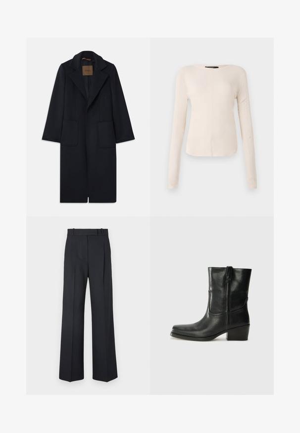 Marineblå uldfrakke med skræddersyet silhuet, spidse klapper, to lommer foran og lige skæring. Glat tekstur og minimalistisk detaljering.; Langærmet, lys beige top med rund halsudskæring. Lavet af blødt stof, har en central søm og let buet kant. Der er ingen synlige metaldele.; Mørkeblå stribede bukser med høj talje, vidde bendesign og ingen synlig hardware eller dekorationer. Glat tekstur og skræddersyet pasform.; Sort læder ankelstøvle med rundt tå, blokhæl, lynlås i siden og stikninger på vampsiden. Glat tekstur, klassisk design.
