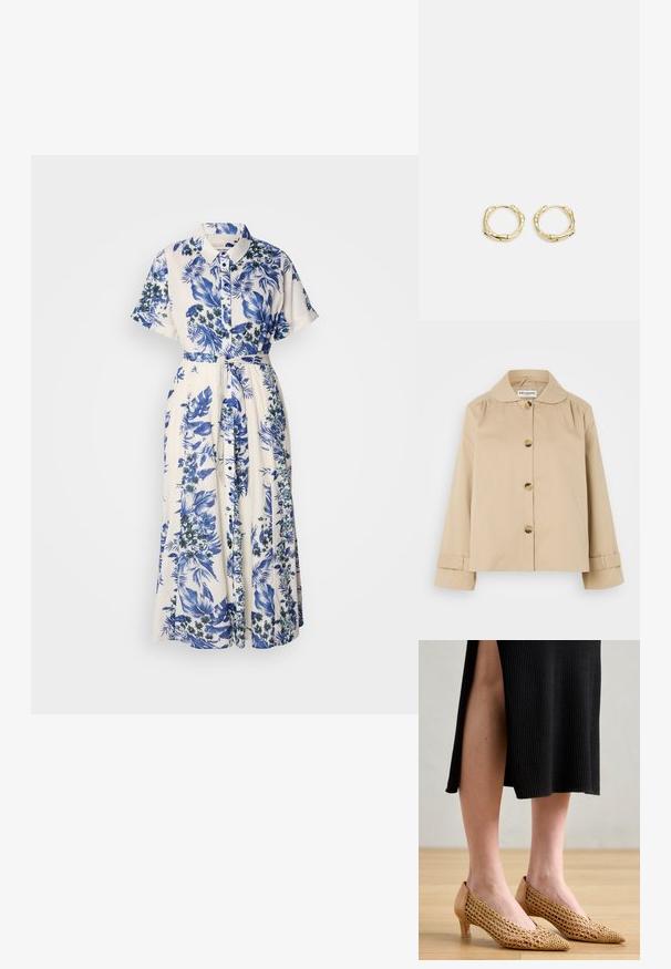 Bež jakna iz bombaža z zaobljenim ovratnikom, zapiranjem na gumbe spredaj in dvema stranskima žepoma. Ima nagubane detajle na ramenih in manšeta.; Cvetlična obleka v modri in beli barvi. Ima ovratnik, kratke rokave, pas z obročem in dolgo krilo.; Čevlji s koničastim nosom, z wovanim zlatim mrežastim zgornjim delom, bež usnjenim zadnjim delom in nizko peto, postavljeni proti lesenemu podu in črni rebrasti obleki.; Zlate obročaste uhane z teksturirano, nepravilno obliko. Imajo brezšivno zapiranje in poliširano površinsko obdelavo, kar poudarja sodoben dizajn.