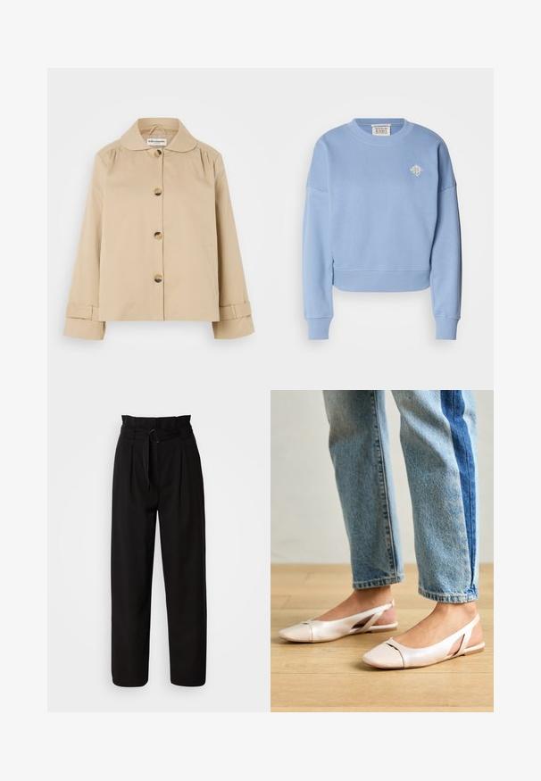Veste en coton beige avec un col arrondi, fermeture à boutons à l'avant et deux poches latérales. Présente des détails froncés aux épaules et aux poignets.; Sweatshirt court bleu clair en matériau doux. Doté d'un col rond, de épaules tombantes et d'un petit motif brodé sur la poitrine.; Pantalon noir taille haute à jambes larges, avec plis avant et une ceinture en tissu avec une boucle circulaire. Texture lisse et design ajusté.; Ballerines slingback rose pâle avec un bout pointu, fabriquées en un matériau semblable au cuir lisse. Présentent des découpes sur les côtés et un talon plat.