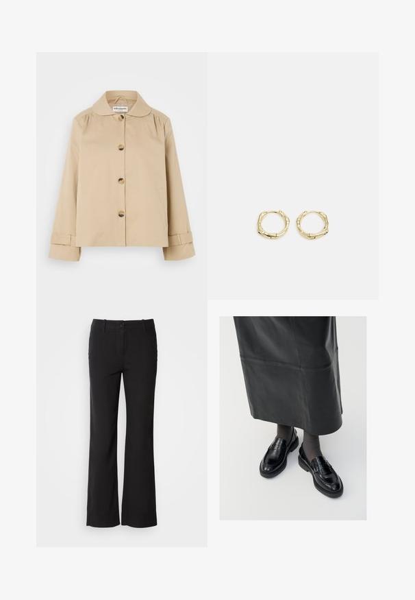 Beige bomuldsjakke med rund krave, frontlukning med knapper og to sidelommer. Har samlet detaljer ved skuldrene og manchetterne.; Sort turtleneck sweater lavet af let strikket stof. Har lange ærmer, et tætsiddende design og en blød ribbet tekstur.; Sorte bomuldsblandede bukser med lige ben-design, frontknaplukning og to sidelommer. Glat tekstur, ingen synlige mønstre.; Sorte læder loafers med en glat finish, prydet med en dekorativ rem, rund tå og tekstureret sål. Båret med en lang sort læderskirt.; Gul hoop ørestikker med en struktureret, uregelmæssig form. Har en sømløs lukning og en poleret overfladefinish, der fremhæver et moderne design.