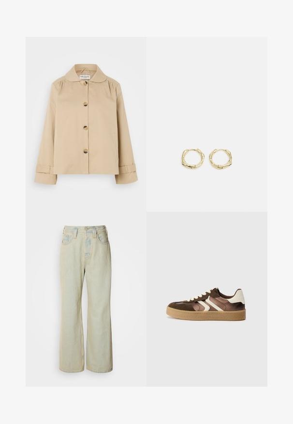 Beige Baumwolljacke mit rundem Kragen, vorderem Knopfverschluss und zwei seitlichen Taschen. Mit Raffungen an den Schultern und Bündchen.; Schwarzer gerippter Strickpullover mit rundem Ausschnitt und langen Ärmeln. Hat einen lockeren Schnitt und eine strukturierte Oberfläche. Etikett: Mare O'Polo.; Hellblaue Schlagjeans aus Denim mit hoher Taille, fünf Taschen und subtilen Ausbleichungen sowie kontrastierenden Nähakzenten.; Braune und cremefarbene Sneakers aus einer Kombination von Wildleder und Satin, mit drei diagonalen Streifen und einer strukturierten Gummisohle.; Goldene Creolen mit einer strukturierten, unregelmäßigen Form. Sie verfügen über einen nahtlosen Verschluss und eine polierte Oberflächenbehandlung, die ein modernes Design betont.