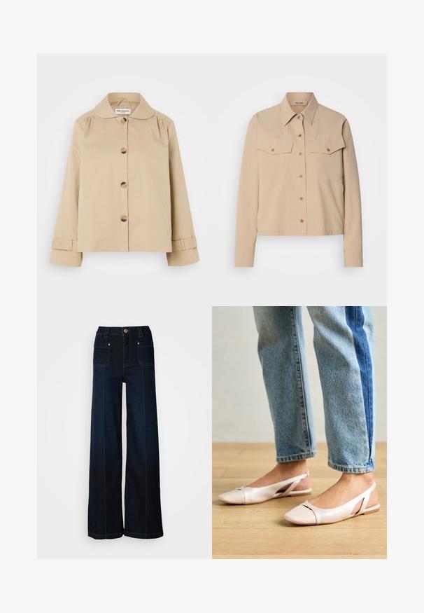 Bežová bavlnená bunda s okrúhlym golierom, predným zapínaním na gombíky a dvoma bočnými vreckami. Obsahuje načesané detaily na pleciach a manžetách.; Bežová košela na gombíky s golierom, dvoma vreckami na prsiach a dlhými rukávmi. Vyrobená z hladkej látky s jemnou textúrou.; Džíny so širokými nohavicami v tmavomodrej farbe. Obsahujú predné vrecká, zlaté kovové doplnky a kontrastné steh. Hladká textúra s neformálnym dizajnom.; Svetloružové slingback baleríny s jemne špicatou špičkou, vyrobené z hladkého materiálu pripomínajúceho kožu. Majú výrezové detaily na stranách a plochý opätok.