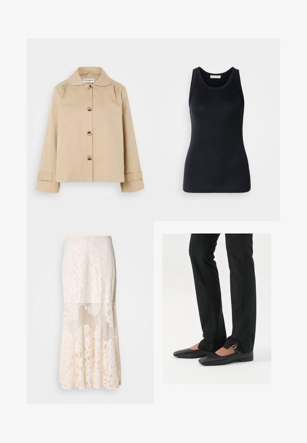 Jachetă din bumbac bej, cu guler rotund, închidere cu nasturi în față și două buzunare laterale. Prezintă detalii pliate la umeri și la manșete.; Top negru fără mâneci, fabricat dintr-un material moale și elastic. Are un decolteu rotund și bretele late, cu o siluetă ajustată și o textură fină.; Fusta midi din dantelă florală în crem; caracteristici de design stratificat cu secțiuni transparente, dantelă texturată și tiv evazat.; Balerini din piele neagră, cu vârf ascuțit, curea cu cataramă argintie, asortați cu pantaloni negri tailoring cu tiv despicat.