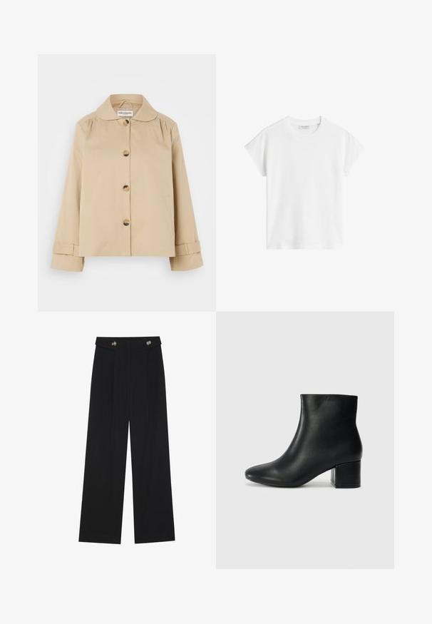 Chaqueta de algodón beige con cuello redondeado, cierre delantero de botones y dos bolsillos laterales. Presenta detalles fruncidos en los hombros y los puños.; Camiseta de algodón de manga corta blanca. Presenta un corte relajado, con cuello redondo y costuras de hombro ligeramente caídas. Sin patrones ni acentos.; Pantalones de pierna ancha negros con cintura alta, detalles de botones en la cinturilla y pliegues en la parte delantera.; Botas de cuero negras hasta el tobillo con una punta afilada y un tacón grueso. Textura lisa con acentos mínimos y un diseño elegante y ajustado.