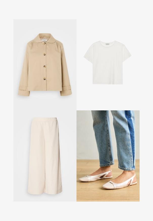 Jachetă din bumbac bej, cu guler rotund, închidere cu nasturi în față și două buzunare laterale. Prezintă detalii pliate la umeri și la manșete.; Tricou alb cu mânecă scurtă, made din bumbac moale. Are un guler rotund și o croială lejeră. Design curat, fără modele sau accente vizibile.; Pantaloni largi crema cu talie elastică, având o croială lejeră și o textură netedă, potriviți pentru ținute casual.; Sandalete plate de un roz pal cu vârf ascuțit, realizate dintr-un material asemănător pielii, neted. Prezintă detalii decupate pe laterale și un toc plat.