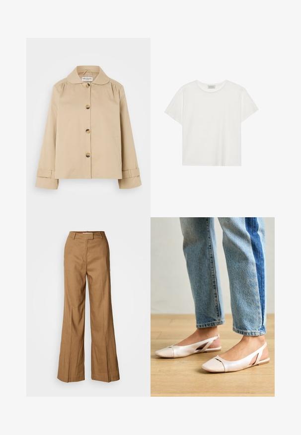 Jachetă din bumbac bej, cu guler rotund, închidere cu nasturi în față și două buzunare laterale. Prezintă detalii pliate la umeri și la manșete.; Tricou alb cu mânecă scurtă, made din bumbac moale. Are un guler rotund și o croială lejeră. Design curat, fără modele sau accente vizibile.; Pantaloni largi maro, realizati dintr-un material usor. Prezintă un front plat, curea pentru centură și o siluetă tailată cu o tăietură până la glezne.; Sandalete plate de un roz pal cu vârf ascuțit, realizate dintr-un material asemănător pielii, neted. Prezintă detalii decupate pe laterale și un toc plat.