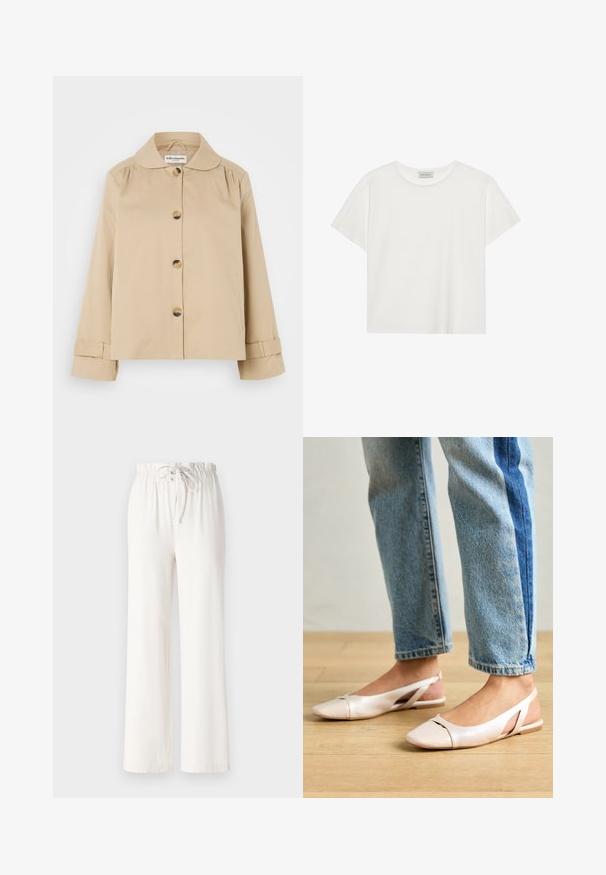 Beige színű pamut dzseki lekerekített gallérral, elöl gombos záródással és két oldalsó zsebbel. Ráncolt részletek találhatók a vállaknál és az ujjak végén.; Fehér, rövid ujjú póló, puha pamutból készült. Kerek nyakkivágással és laza szabással rendelkezik. Tiszta dizájn, látható minták vagy díszítések nélkül.; Fehér, bőszárú nadrág, puha anyagból készült, húzózsinóros derékkal és sima felülettel. Nincsenek rajta minták vagy díszítések.; Világos rózsaszín slingback laposlábú cipők, hegyes orral, sima bőrhatású anyagból készült. Oldalt kivágott részletek találhatók rajta, valamint lapos sarkú.