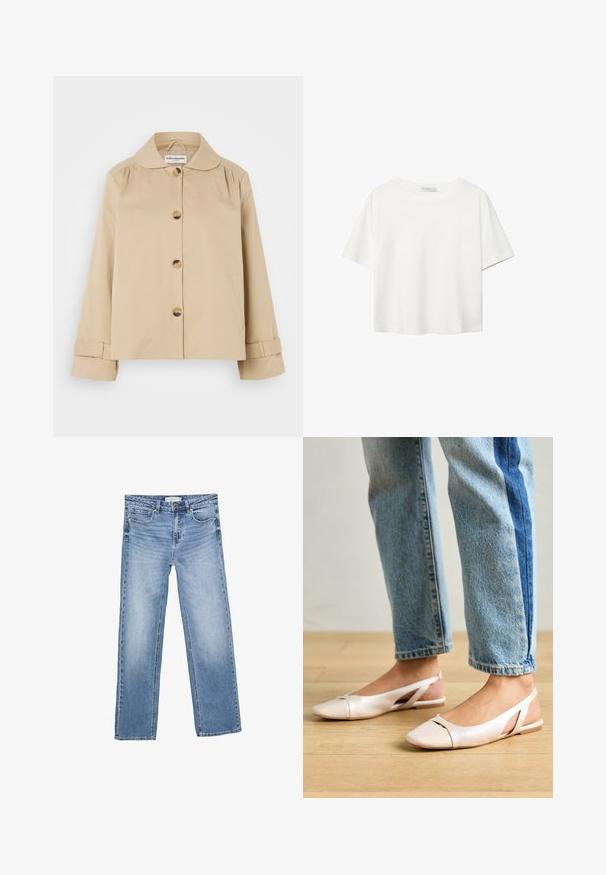 Giacca in cotone beige con colletto arrotondato, chiusura frontale con bottoni e due tasche laterali. Presenta dettagli arricciati su spalle e polsini.; T-shirt bianco a maniche corte realizzato in cotone. Presenta un collo tondo e una vestibilità rilassata. Texture liscia senza motivi o dettagli visibili.; Jeans in denim blu a gamba dritta, con un lavaggio sbiadito, cinque tasche e una chiusura a bottone classica. Materiale in cotone con cuciture ben visibili.; Ballerine slingback rosa pallido con punta affusolata, realizzate in un materiale simile alla pelle liscio. Presentano dettagli a taglio sui lati e un tacco piatto.