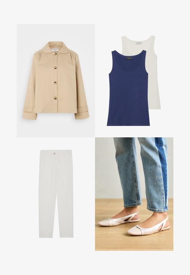 Bež jakna iz bombaža z zaobljenim ovratnikom, zapiranjem na gumbe spredaj in dvema stranskima žepoma. Ima nagubane detajle na ramenih in manšeta.; Dve majice brez rokavov: ena temno modra in ena smetanasta. Obe imata zaobljen ovratnik, mehak material in preprost dizajn. Vidna oznaka blagovne znamke na vrhu.; Bela, krojena hlače z ravnimi nogami, ki vključujejo gumbasto zapiranje, zanke za pas in stranske žepe; gladka tekstura tkanine.; Svijetloružičaste slingback balerinke s šiljastim nožnim prstima, napravljene od glatkog materijala nalik koži. Imaju izrezane detalje sa strane i ravne pete.