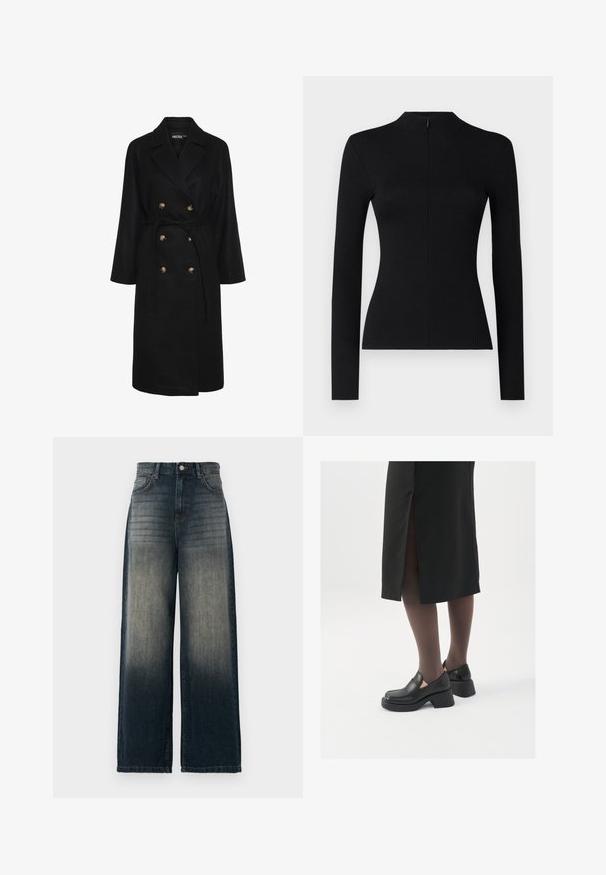 Melns divrindīgs mētelis ar jostu vidukļa daļā, zelta toņa pogām, platām atlokām un garām piedurknēm; izgatavots no mīksta, teksturēta auduma.; Melnā garām piedurknēm ribota blūze ar augstu apkakli un aizmugurē esošu rāvējslēdzēju, ar pieguļošu siluetu un mīkstu tekstūru.; Platas kājas džinsi tumši denima krāsā, ar izbalējušu gradientu no tumšā līdz gaišajam, pieci kabatas un kontrastējošas šuves detaļas.; Melni ādas apavi ar noapaļotu purngalu, biezām bloku papēžiem un elastīgiem sānu akcentiem, apvienoti ar tumšām zeķubiksēm un melnu svārku ar šķirbu.