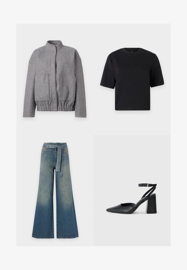 Sivá vlnená bunda z zmesi materiálov so stojatým golierom, spadnutými ramenami, dvoma prednými vreckami a zberaným pásom pre voľný strih.; Čierne tričko s krátkym rukávom, okrúhly výstrih, vyrobené z hladkej bavlnenej látky; voľný strih, minimalistický dizajn, žiadne viditeľné vzory ani akcenty.; Džínsy s širokými nohavicami, ktoré majú prechod od svetlomodrej po tmavomodrú, vysoký pás, pútka na opasok a opasok z rovnakého materiálu. Textúrovaný denimový povrch.; Čierne kožené lodičky s špicatou špičkou a členkovým remienkom, s masívnym podpätkom. Hladký povrch, elegantný dizajn a minimalistická estetika.
