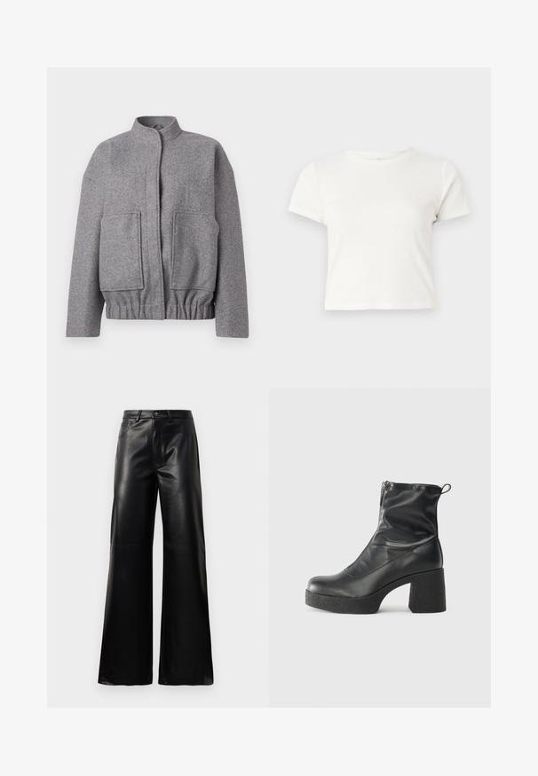 Casaco em mistura de lã cinza com colarinho alto, ombros caídos, dois bolsos frontais e uma cintura franzida para um ajuste descontraído.; T-shirt branca curta feita de algodão, com mangas curtas, um decote redondo e uma bainha reta, apresentando uma textura suave e um design minimalista.; Calças largas de imitação de couro pretas, de cintura alta, com botão frontal, fecho de correr, passadores de cinto e bolsos laterais sobre fundo branco.; Botas de tornozelo pretas feitas de couro liso, com fecho lateral, salto grosso texturizado e design de bico arredondado.