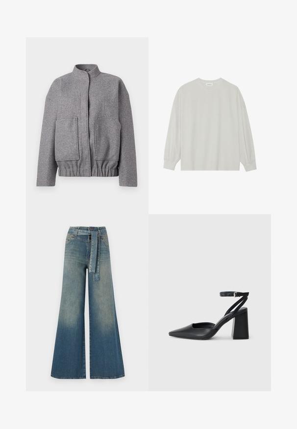 Gray wool blend jacket with a stand collar, drop shoulders, two front pockets, and a gathered waist for a relaxed fit.; Light gray long-sleeve t-shirt made of soft cotton. Features a loose fit, round neckline, and gently gathered cuffs. No patterns or graphics.; Wide-leg denim trousers featuring a light to dark blue gradient, high waist, belt loops, and a matching fabric belt. Textured denim finish.; Black leather pointy-toe pump with an ankle strap and a chunky heel. Flat texture, sleek design, and minimalistic aesthetics.