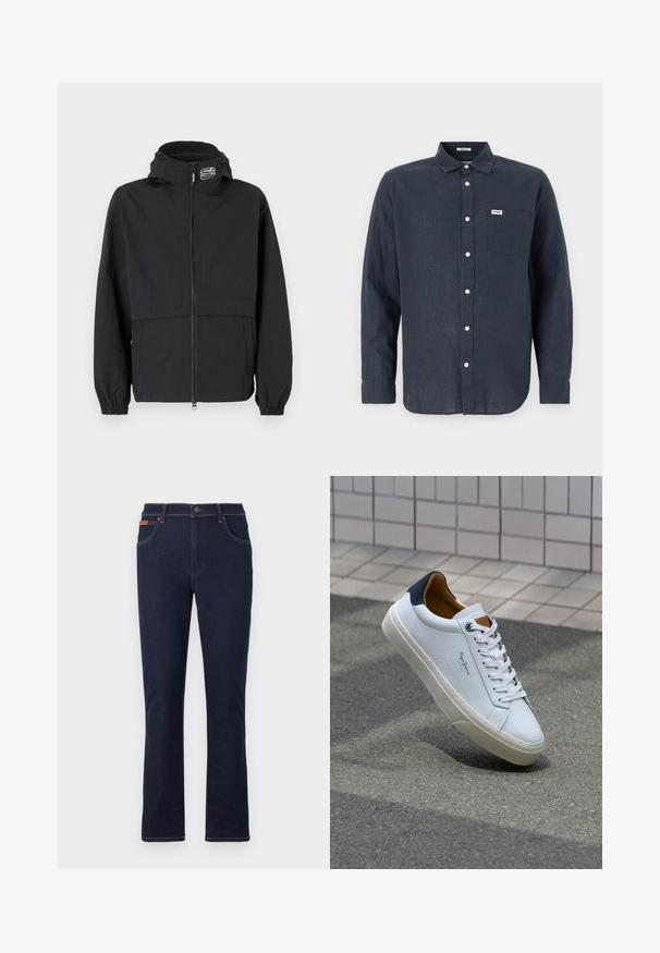 Giacca a vento nera con zip frontale, polsini elasticizzati e cappuccio. Presenta una tasca sul petto e un tessuto liscio e leggero.; Camicia a maniche lunghe blu scuro in lino, con colletto button-down, tasca anteriore e bottoni bianchi. Logo Wrangler sulla tasca.; Jeans in denim blu scuro con taglio dritto, caratterizzati da cuciture arancioni, cinque tasche e chiusura a bottone in vita.; Sneaker bianca in pelle con tallone blu, punta rotonda e accenti marroni a contrasto. Presenta lacci piatti e suola in gomma testurizzata.